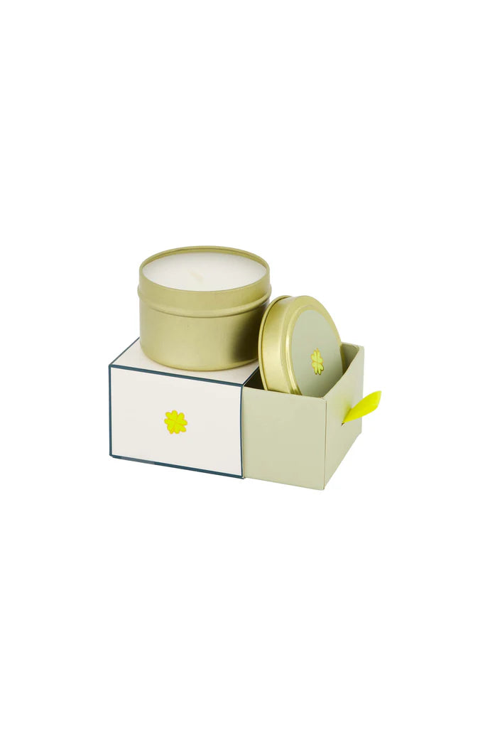 geurkaars tinnen in schuifdoosje veel geluk klavertje wit/groen