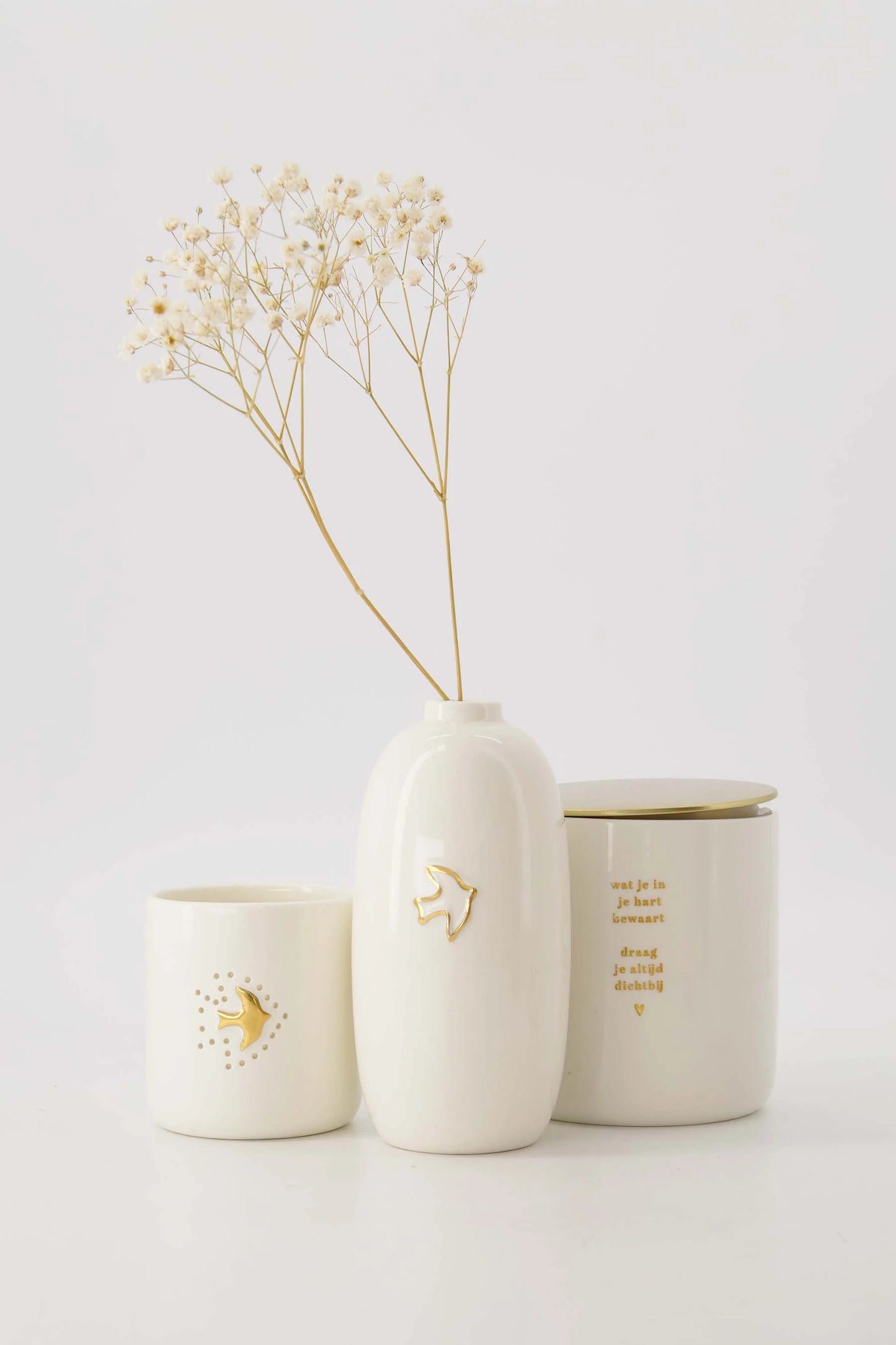 waxinelichthouder keramiek vogeltje wit/goud