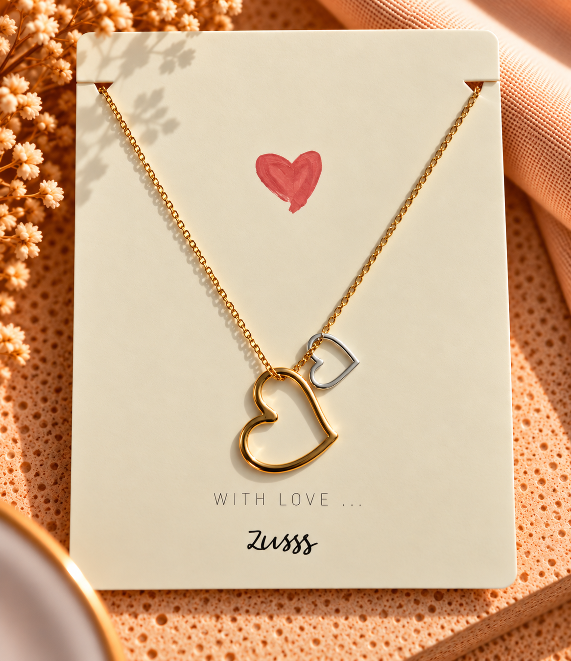 ketting met 2 gekleurde hartjes goud/zilver