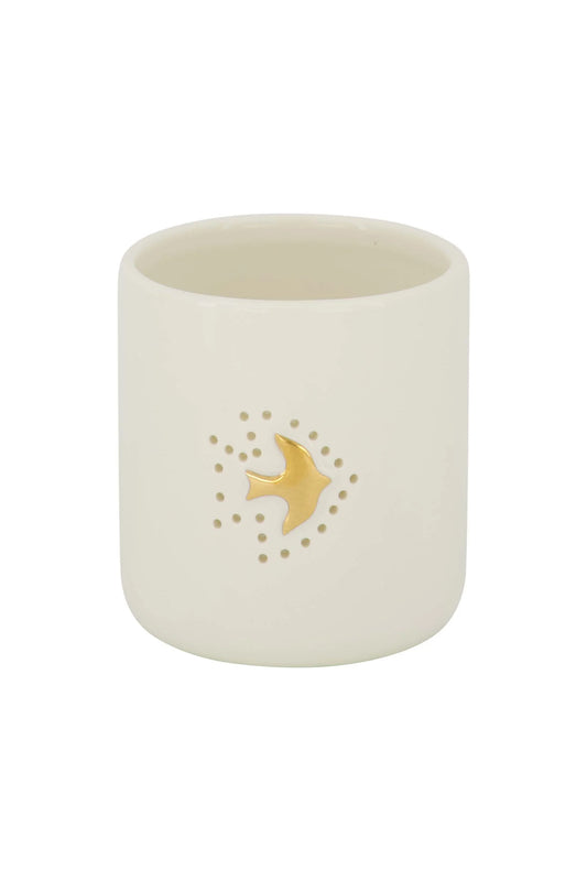 waxinelichthouder keramiek vogeltje wit/goud