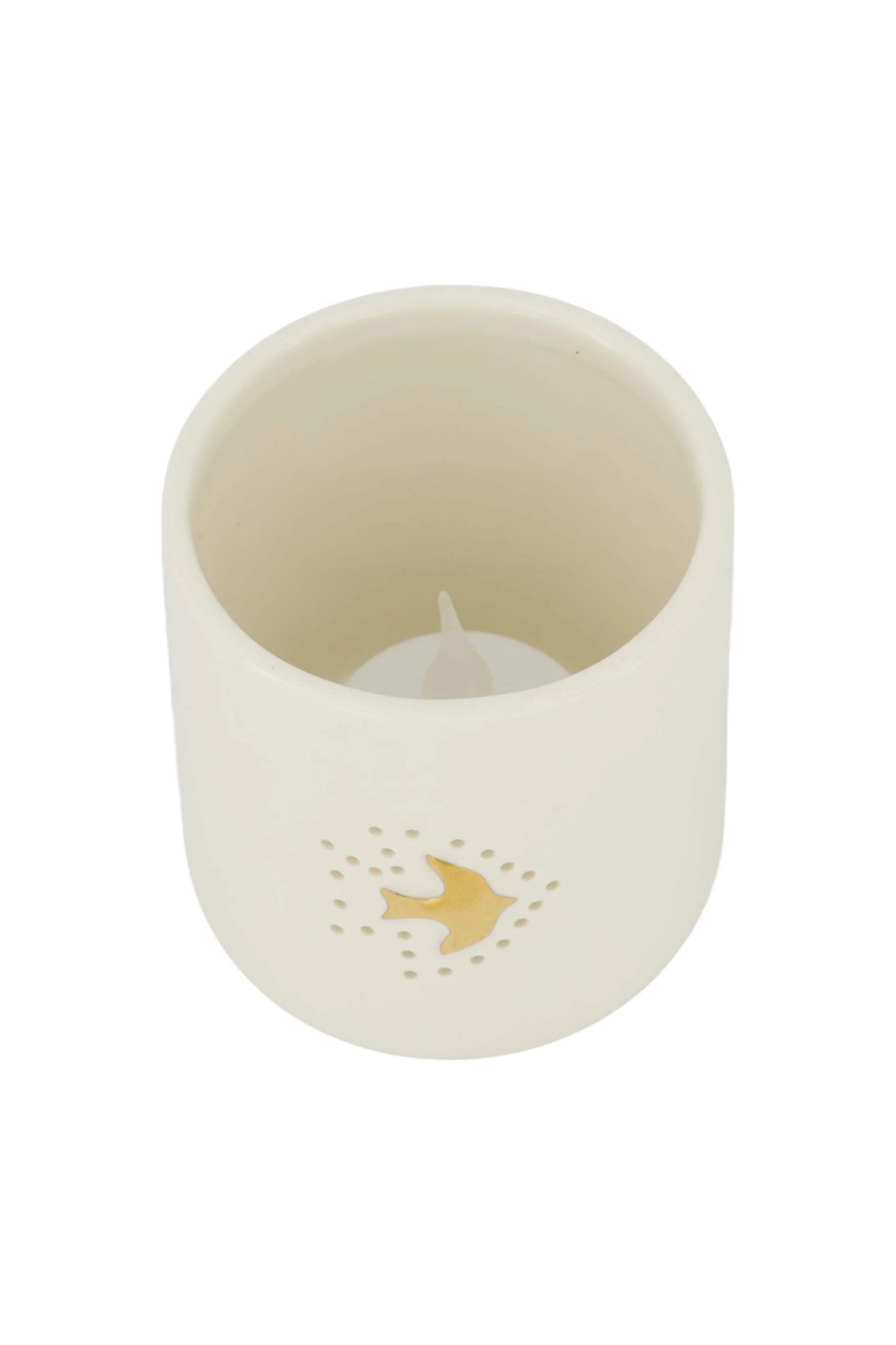 waxinelichthouder keramiek vogeltje wit/goud