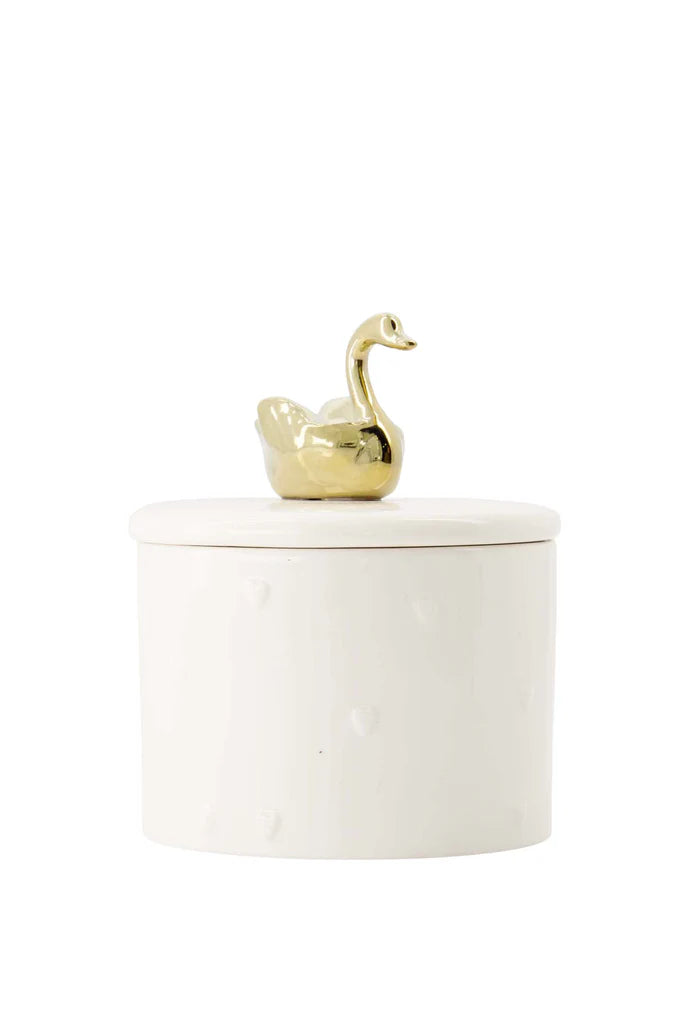 geurkaars keramiek met deksel M zwaan wit/goud