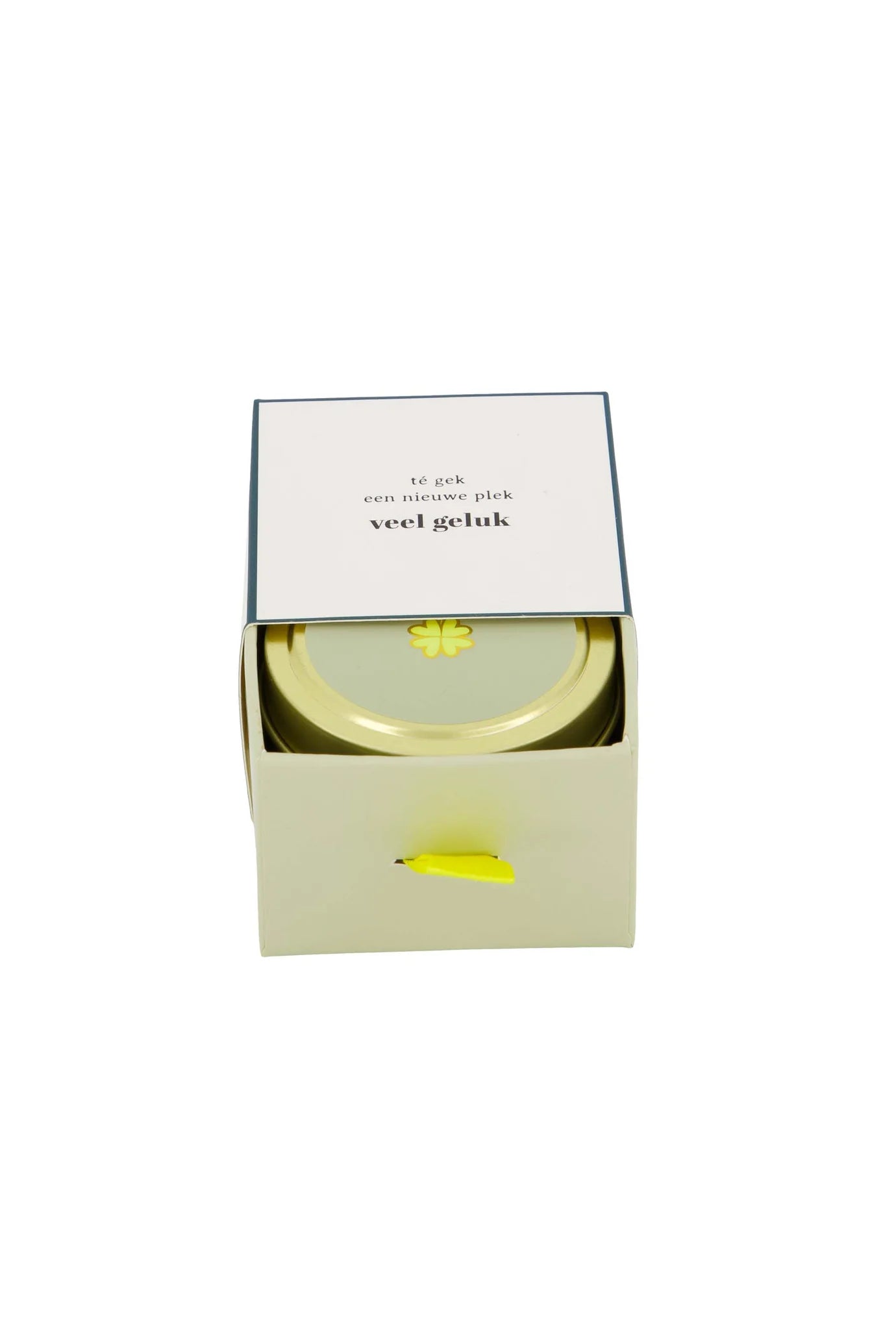 geurkaars tinnen in schuifdoosje veel geluk klavertje wit/groen