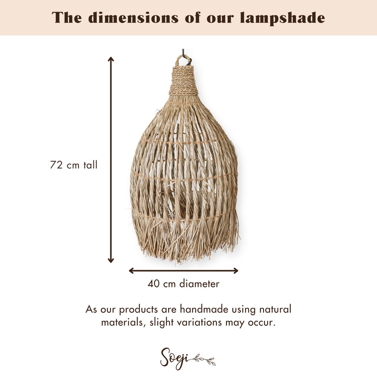 Plafondlamp van zeegras – Boho lampenkap hanglamp – natuurlijke hanglamp – grote trechtervormige zeegras lampenkap LAMPUNG (Ø 40 cm)