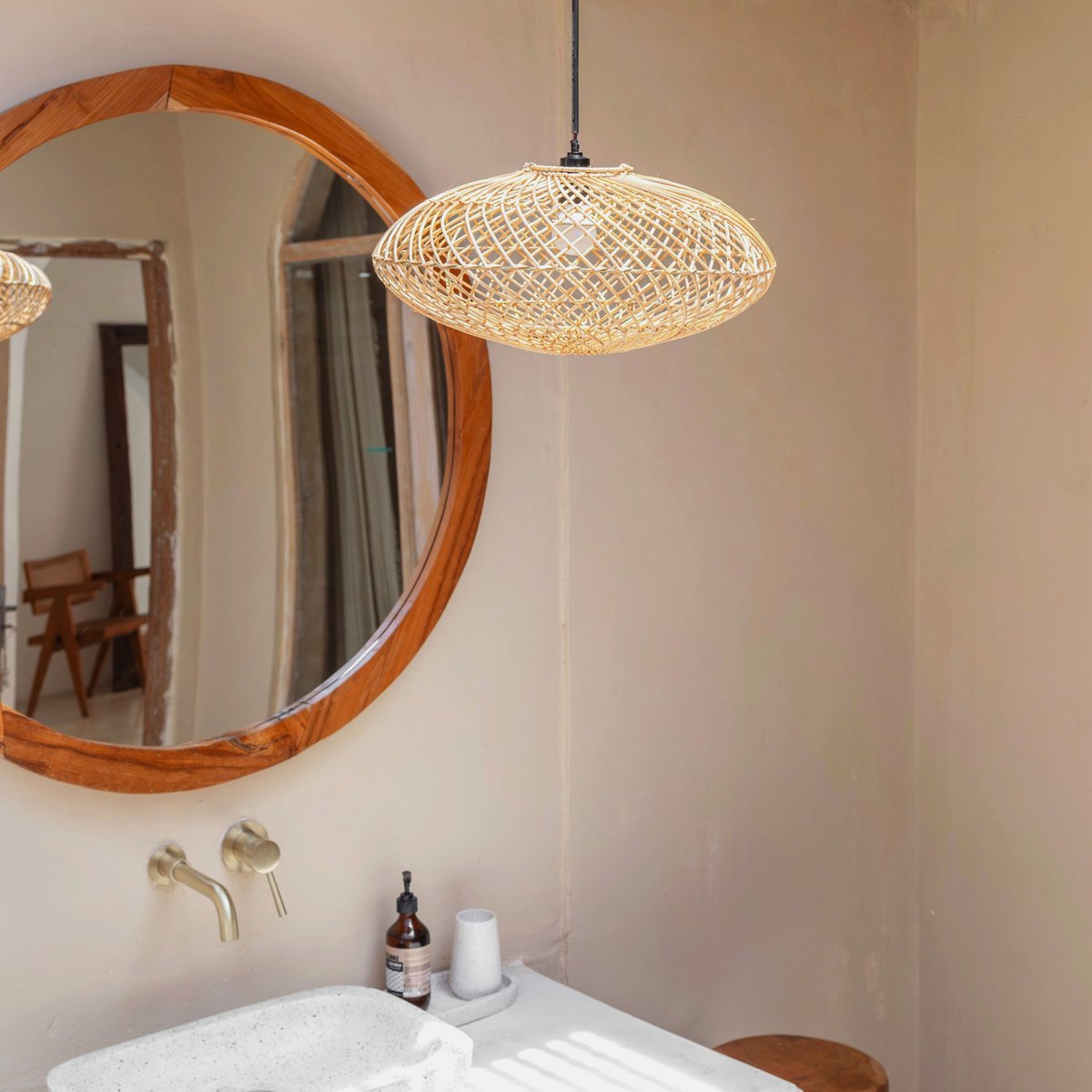 Rattan lampenkap-Boho hanglamp-Natuurlijke plafondlamp-schijfvormige lamp-plat handgeweven plafondlicht (Ø 40 cm) arana