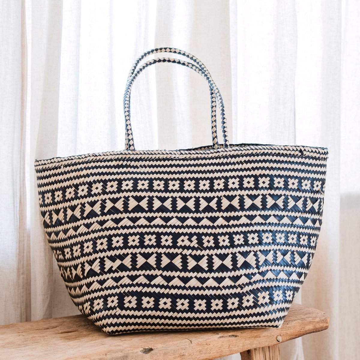 Boho Tote Bag – Zeegras Zomertas – Schouder Strandtas – Geweven Natuurlijke Tas – Grote Boho Boodschappentas KIDUL (zwart)
