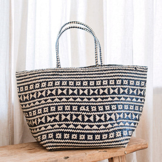 Boho Tote Bag – Zeegras Zomertas – Schouder Strandtas – Geweven Natuurlijke Tas – Grote Boho Boodschappentas KIDUL (zwart)